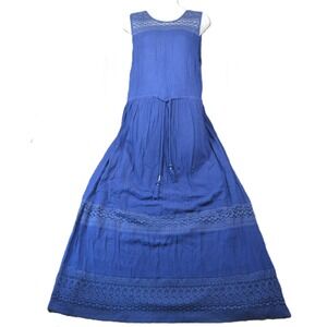 World‎ Market Sleeveless Maxi Dress S/M Royal Blue Lace Trim Tassel Boho Cottage